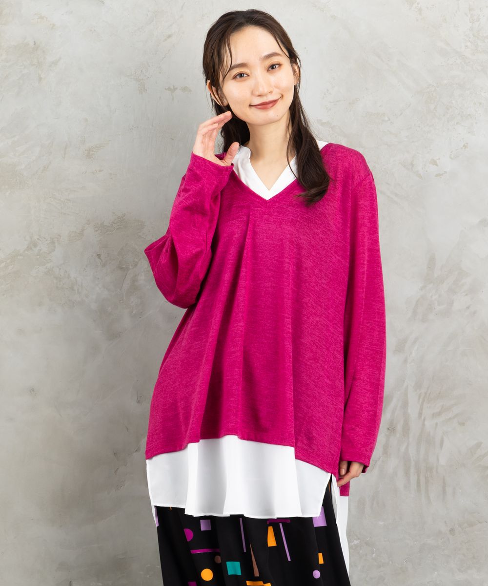 【web限定】【大きいサイズ】 21号(6L～) fransa plus size selection シャツフェイクレイヤードVネックニット